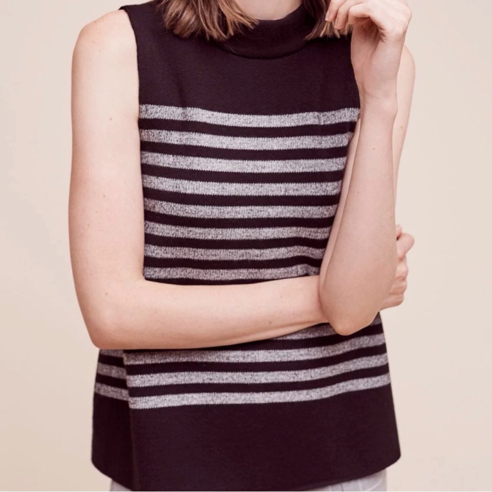Anthropologie Moth Black and Gray Striped Sleeveless Sweater